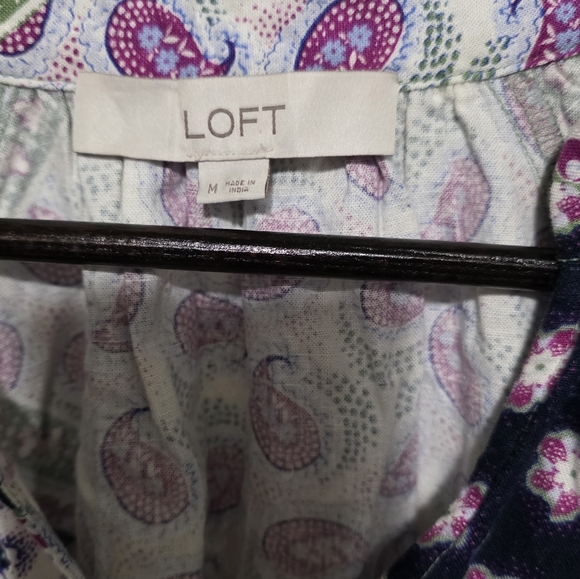 LOFT Paisley Boho Floral Patchwork Linen Blend Peasant Blouse 3/4 Raglan Sleeve - Picture 7 of 13